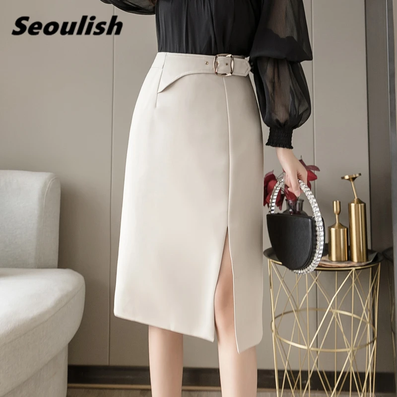 

Seoulish Spring Summer Work Wear Wrap Women's Skirts 2021 New OL Style Button High Waist Front Split Sheath Pencil Skirts Female