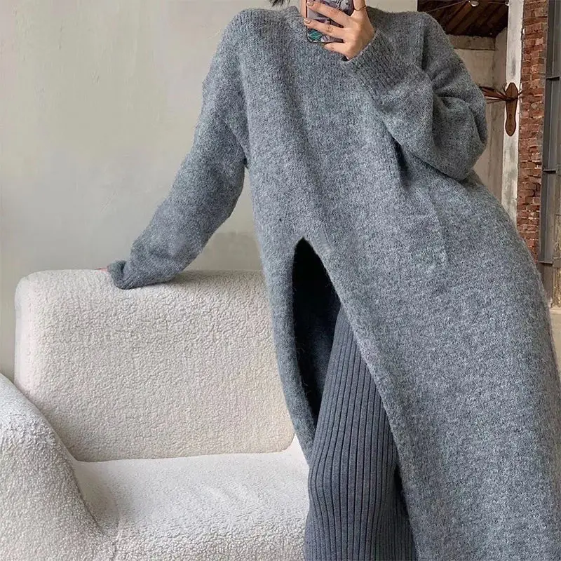 Sweater women\'s 2021 new autumn and winter loose  Pullover head side fork knee length knitted wool dress