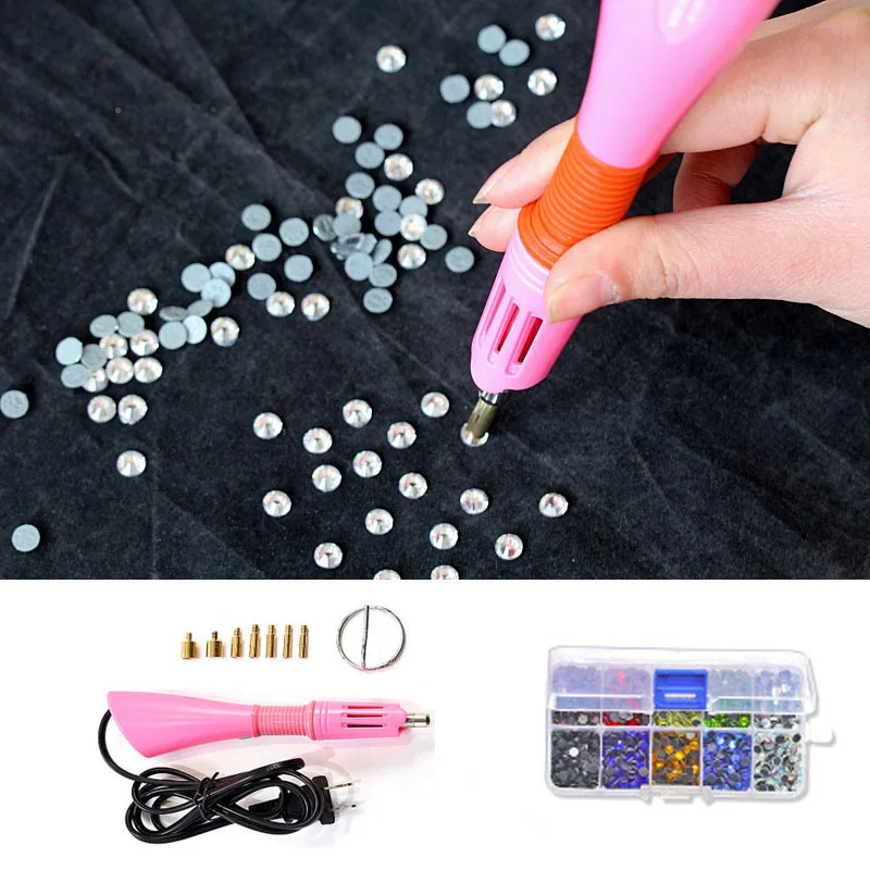 1000/2000PCS Strass Fix applicatore con 7 punte Strass riscaldato veloce applicatore Hot Fix Strass Iron-on Tools spina ue/usa