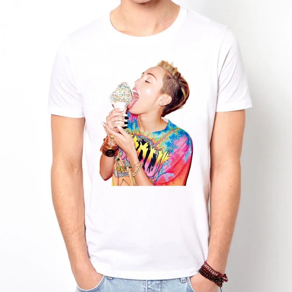 Funny Miley Cyrus Ice Cream Music T-shirt Mens Short Sleeve White T Shirt 100% Cotton Tops Tees