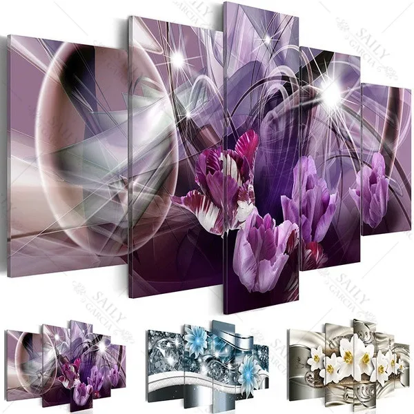 5 Panels Abstract Flowers Painting Purple Flower Oil Pictures Living Room Decoration Paintings 5 Piece Canvas Wall Art No Frame