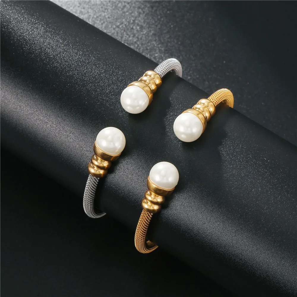 Fashion Pearl Beaded Bangle Jewelry New Trendy Women Cable Bangles Gold Color 316l Stainless Steel Bracelets Bangles For Women