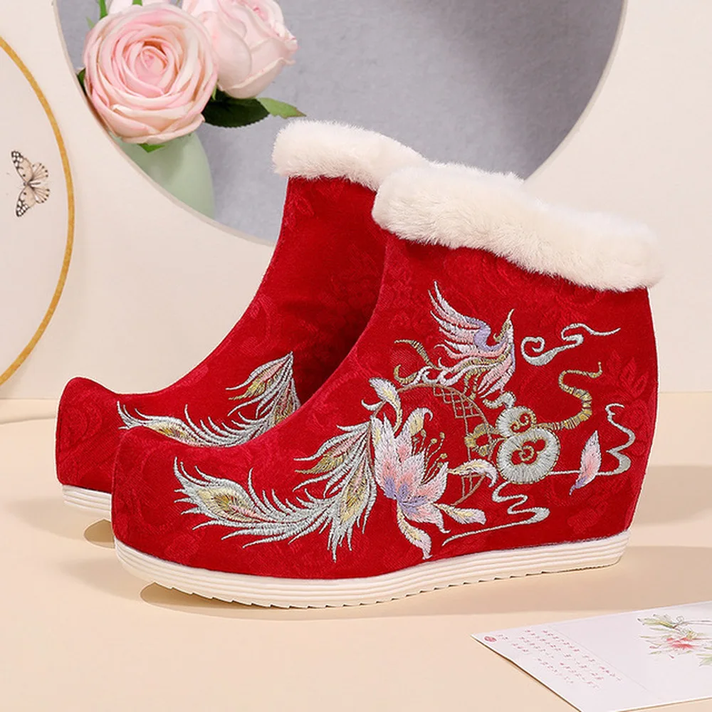 2023 Womens Embroidery Floral Ankle Boots Hanfu Fur Liner Warm Snow Winter Hidden Heel Shoes Chinese Styles 3Colors     2023