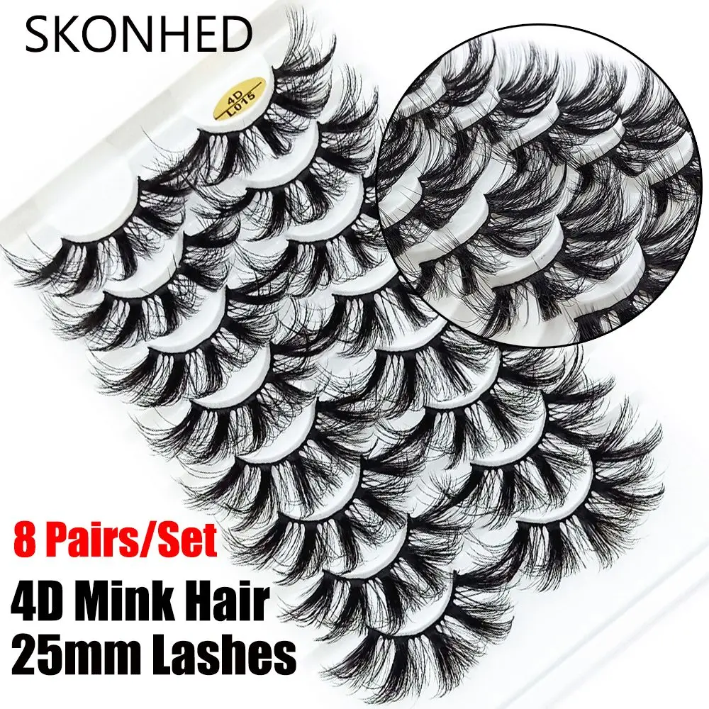 SKONHED 8 Pairs Beauty Long Full Volume Wispy Fluffy False Eyelashes 25mm Lashes Eyelash Extension 4D Mink Hair