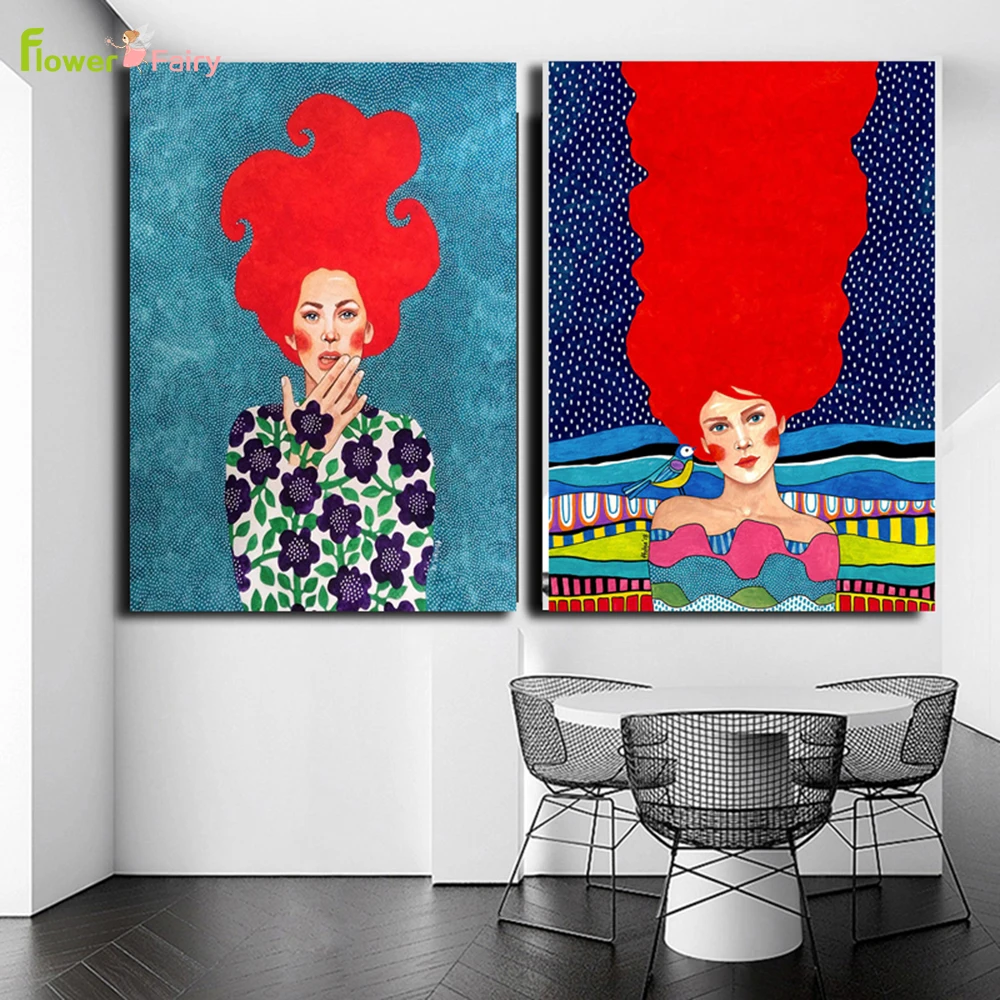 Fashion Princess Woman Vintage Red Hair Girl Wall Art Canvas Painting Nordic Poster Wall Pictures For Living Room Decor Unframed