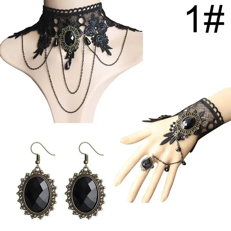 Gothic Style Jewelry Set Vintage Lace Choker Necklace Ring Hand Bracelet Drop Earrings Set Jewelry Accessories Party Dress Up