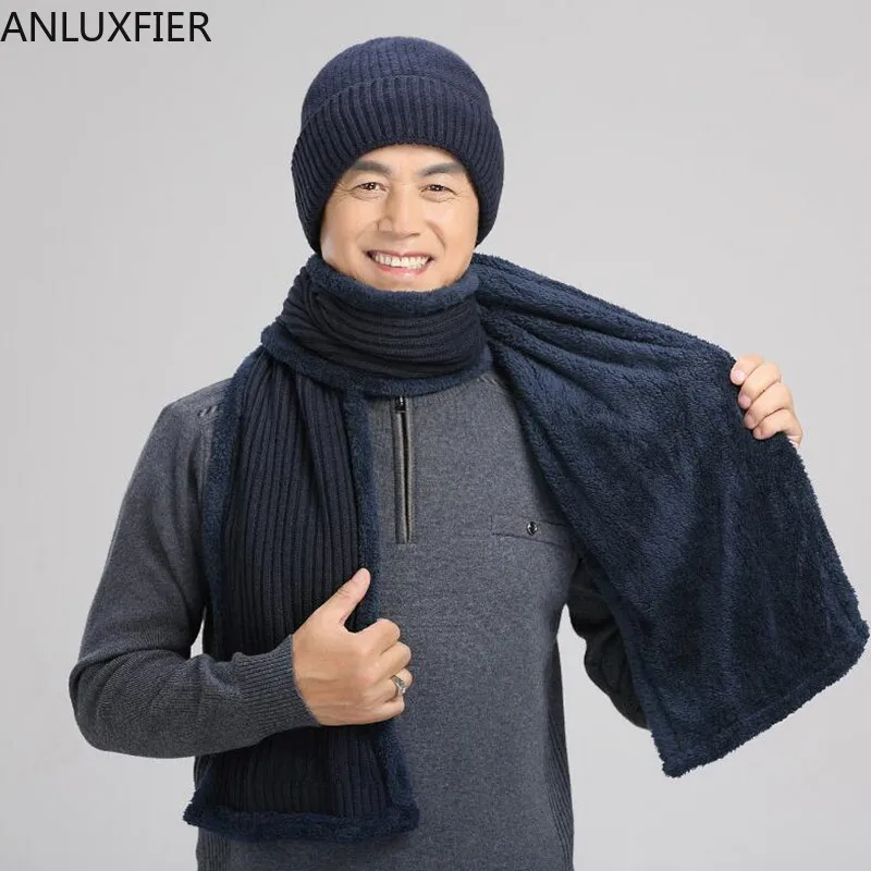 

H7145 Winter Men Cap Middle-aged Dad Elderly Grandpa Knitted Wool Hat Male Outdoor Warm Leisure Plus Velvet Hats Soft Scarf Set