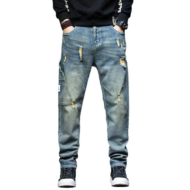 Idopy Men`s Fashion Ripped Jeans Stretch Side Pocket Biker Style Vintage Washed Brand Designer Denim Joggers For Male