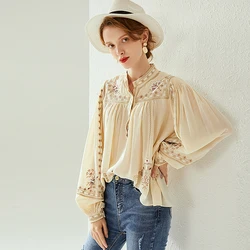 100% Silk Blouse Women Casual Style Vintage Embroidered Stand Neck Three Quarter Sleeve Top Elegant Shirt New Fashion