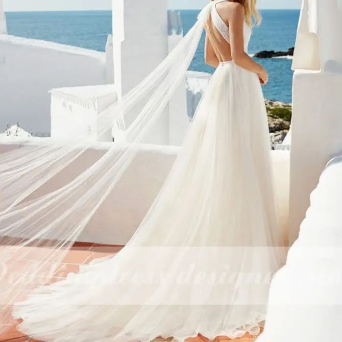 Abito da sposa Boho Halter senza maniche Vestido Novia pizzo Tulle A Line abiti da sposa robe de mariee