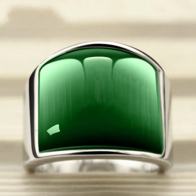 BOCAI 316l Titanium Steel Men\'s Rings Domineering Fashion Personaltiy Temperament Green Cat\'s Eye Gemstone Finger Ring