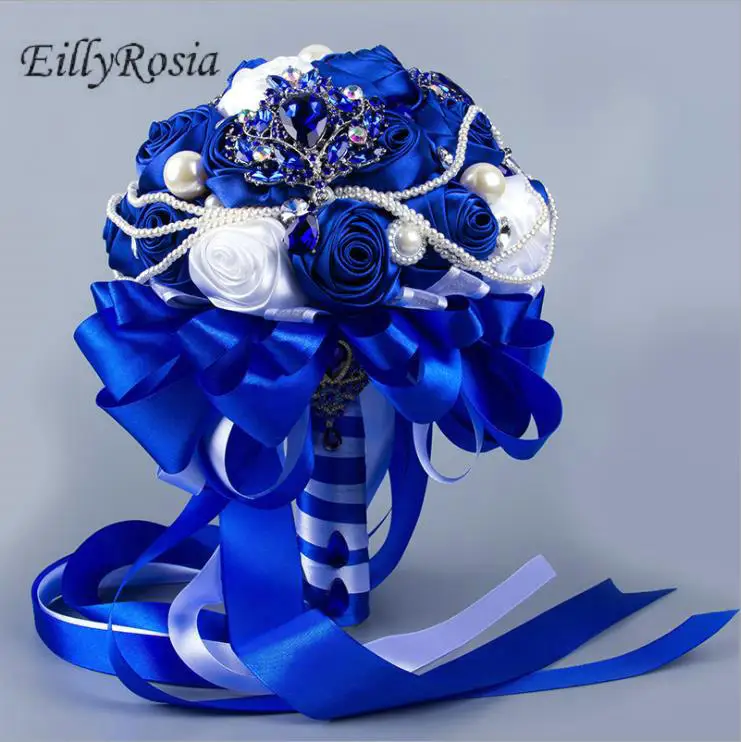 EillyRosia Royal Blue Brooch Bouquet Bridesmaid Silk Flowers Artificial White Pearls Jewelrys Wedding Bouquet Bleu For Bride