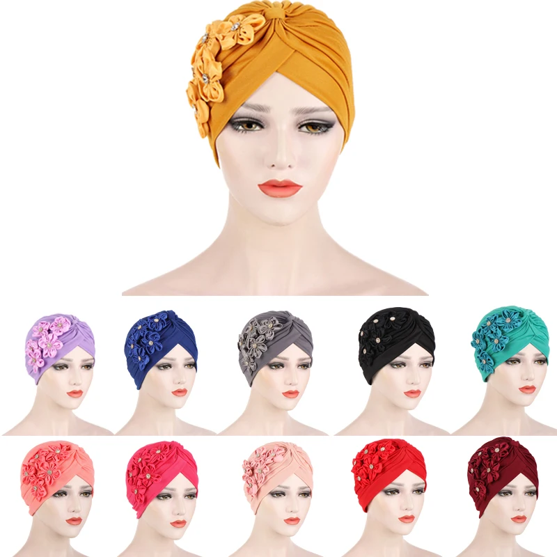 

2021 New Fashion Women Flower Turban Cap Soild Color Muslim Headscarf Bonnet Inner Hijabs Arab Head Wraps Indian Hat Hijib Cap