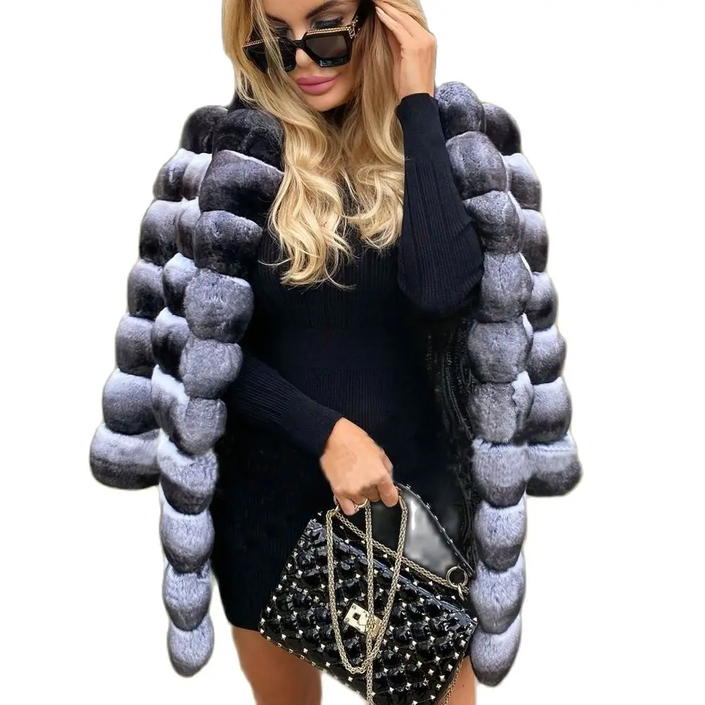 Women Natural Rex Rabbit Fur Jacket Stand Collar Winter Fashion Woman New Genuine Rex Rabbit Fur Coats Chinchilla Color
