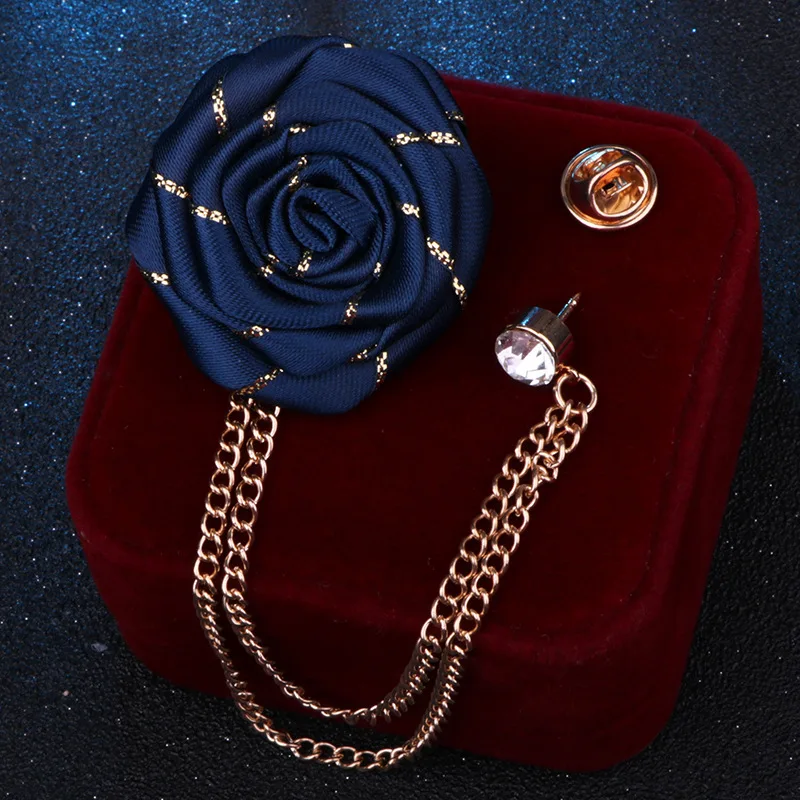 Korean Style Handmade Rose Flower Brooch Pin for Men Wedding Groomsmen Tassel Chain Lapel Accessory Cloth Art Suit Badge