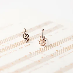 MloveAcc 100% Real 925 Sterling Silver Cute Zircon Guitar Treble Clef Stud Earrings Music Note Earring for Women Girls