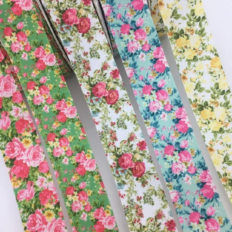 3.8cm Beautiful Flowers Printed Satin Ribbon 5Y For Handmade DIY Craft HairPin Wedding Christmas Easter Deco Gift Floral Wrap