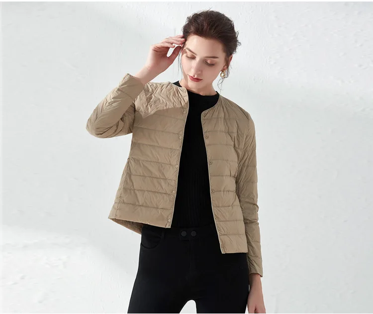 Women's Ultralight Down Liner Jacket, Collarless Packable Puffer Coat, Warm Thin Winter Layer, O-Neck Portable Padded Parka