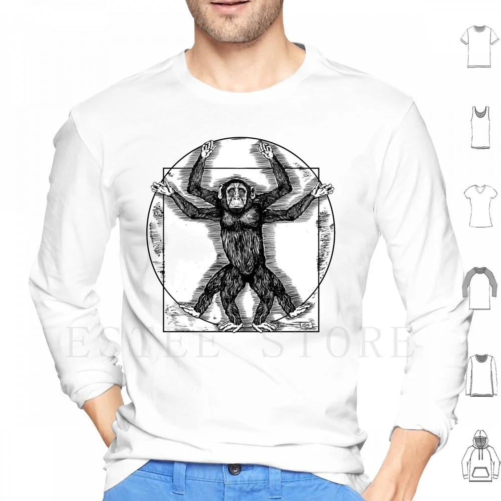 Sudadera con capucha de chimpancé de Vitruvio Manga Larga Ape Chimpancé Mono Renacimiento Italia Obra Maestra Simetría Humana Venecia Venetion Zug Negro