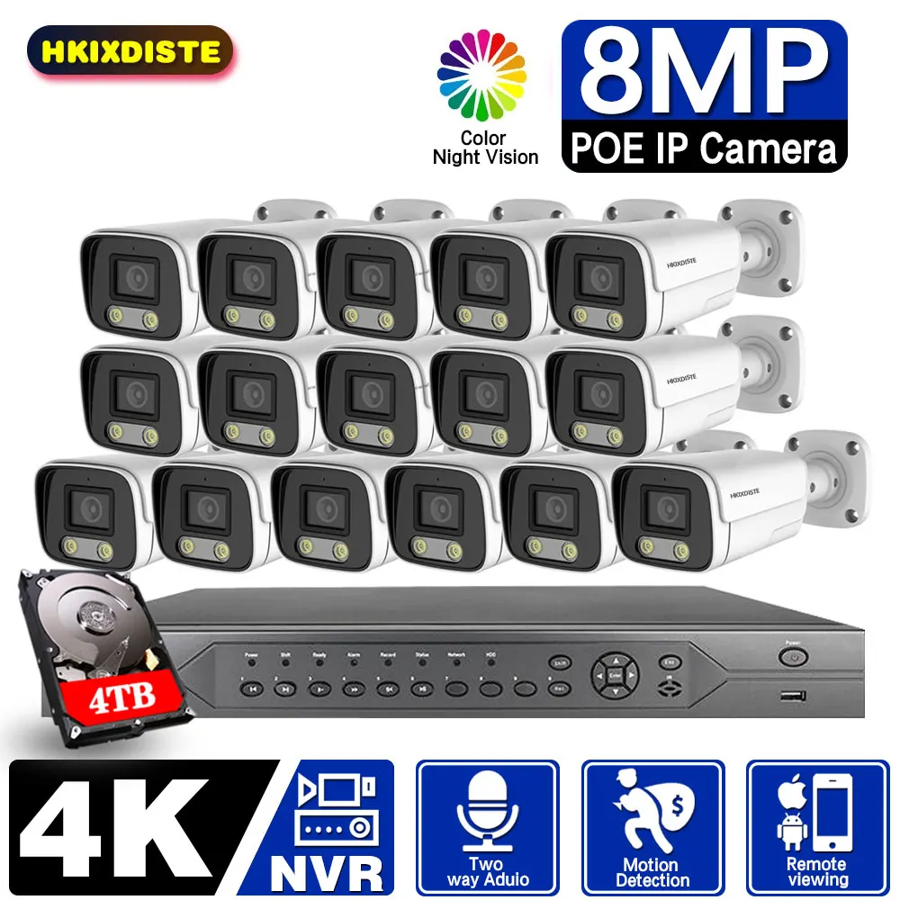 

16CH 4K 8MP POE NVR Kit H.265 CCTV System IP Camera Color Night Vision 2 Way Audio Weatherproof Security Video Surveillance set