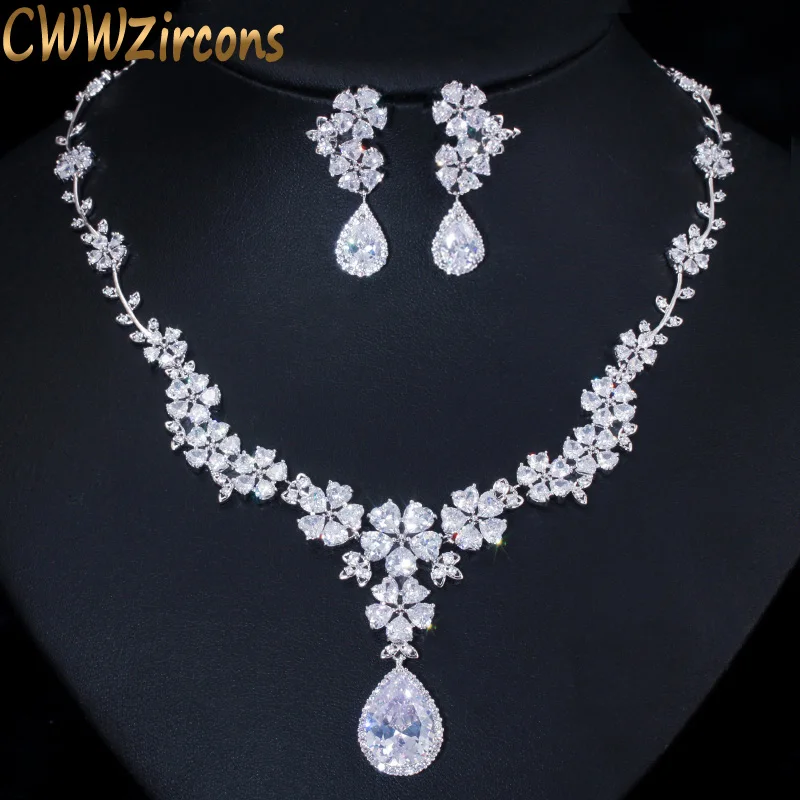 CWWZircons 2023 New Fashion Bridal Flower Necklace and Earrings Cubic Zirconia Women Wedding Jewelry Sets for Brides T108