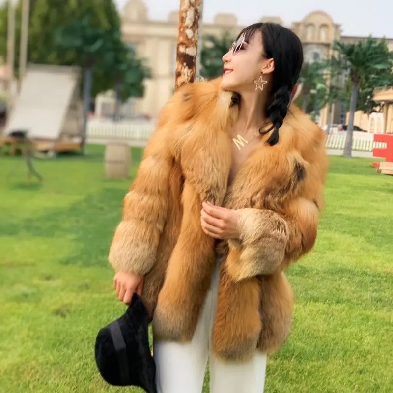 

2021New one Piece Fur Fox Hair Fashionable Contrast Lapel Young Medium And Long Fur Coat Lady Winter