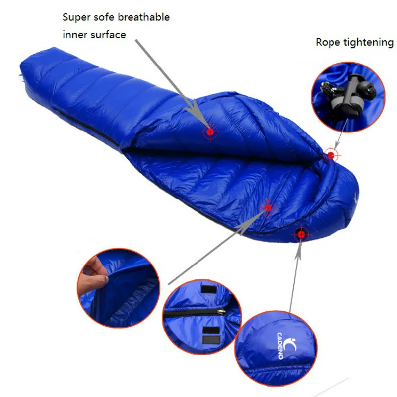 CADENO White Goose Down Filled Adult Mummy Style Sleeping Bag Fit for Winter  Autumn Thermal 10Kinds of Thickness Camping Travel