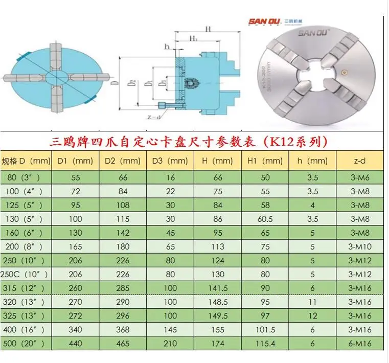 SANOU Brand K12-100 Four-jaw Self-centering Chuck 4'' Rolling Chuck is Used for Small Lathes With Hardened Steel