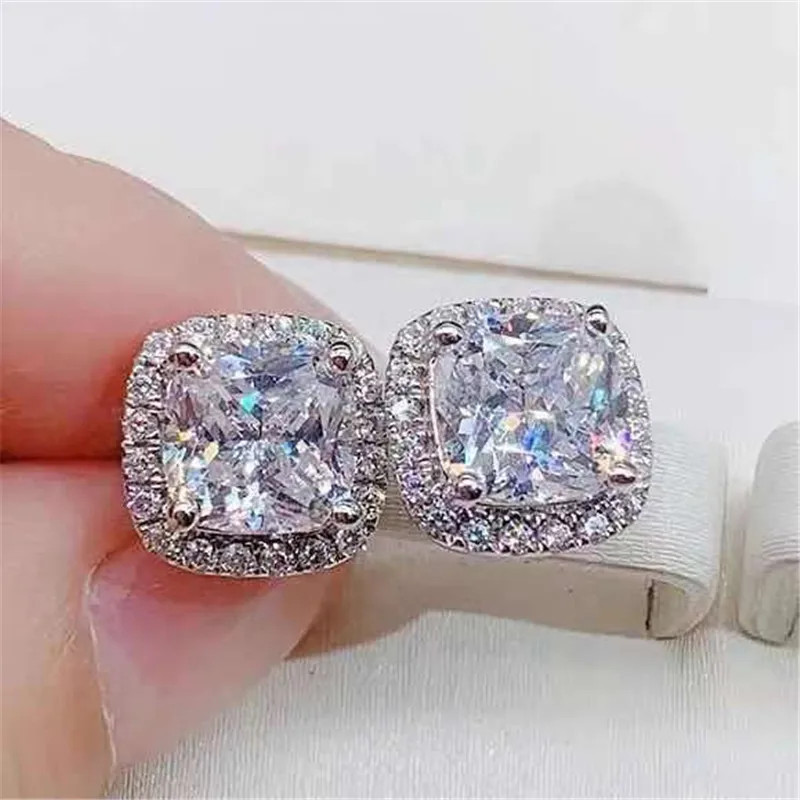 CC 925 Silver Needle Sterling Stud Earrings Women\'s Fine Jewelry Bridal Wedding Cubic Zirconia Square Engagement Earrings CCE643