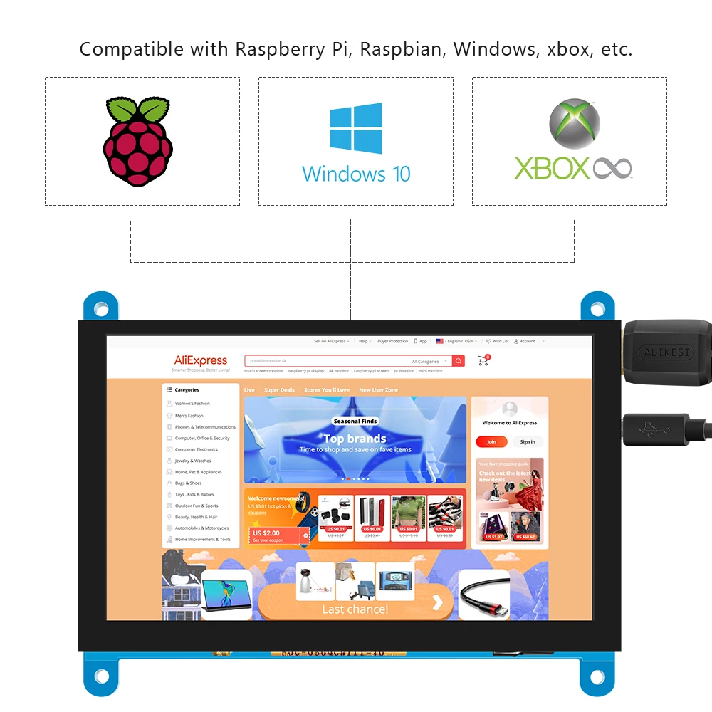 Pantalla táctil LCD TNF de 5 pulgadas para conectar a la pantalla electrónica, ordenador portátil con funda raspberry pi 5 IPS hdmi, 800x480