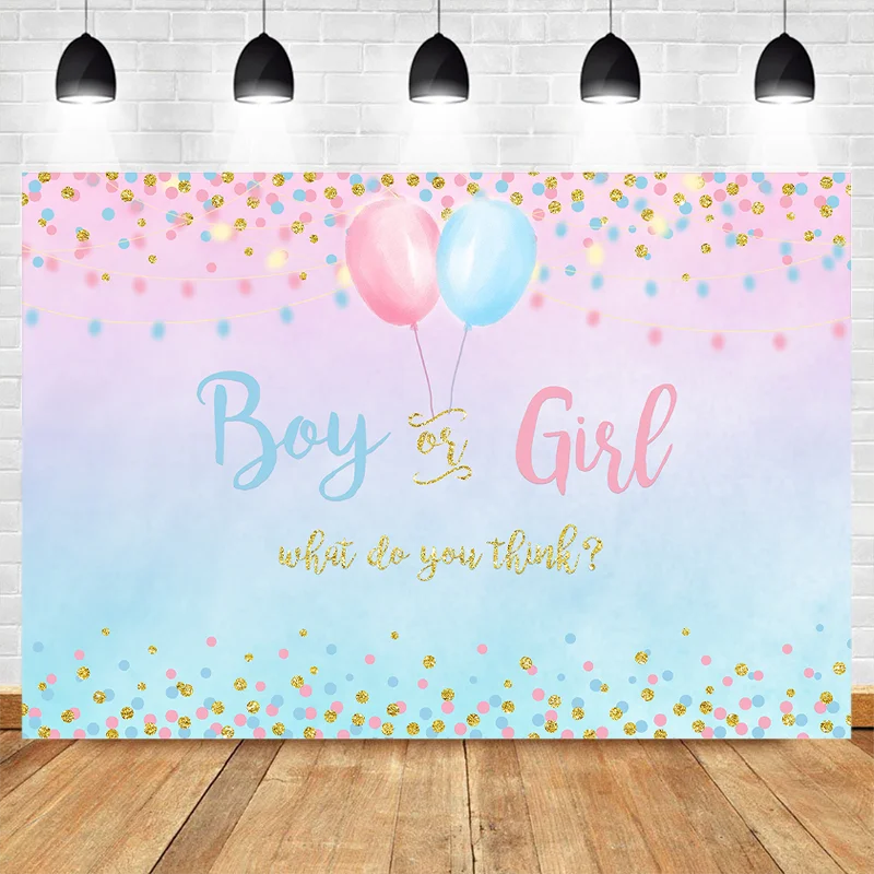 Genere rivela sfondo ragazzo o ragazza genere sorpresa festa fotografia sfondo rosa blu palloncino torta tavolo decorazione Banner