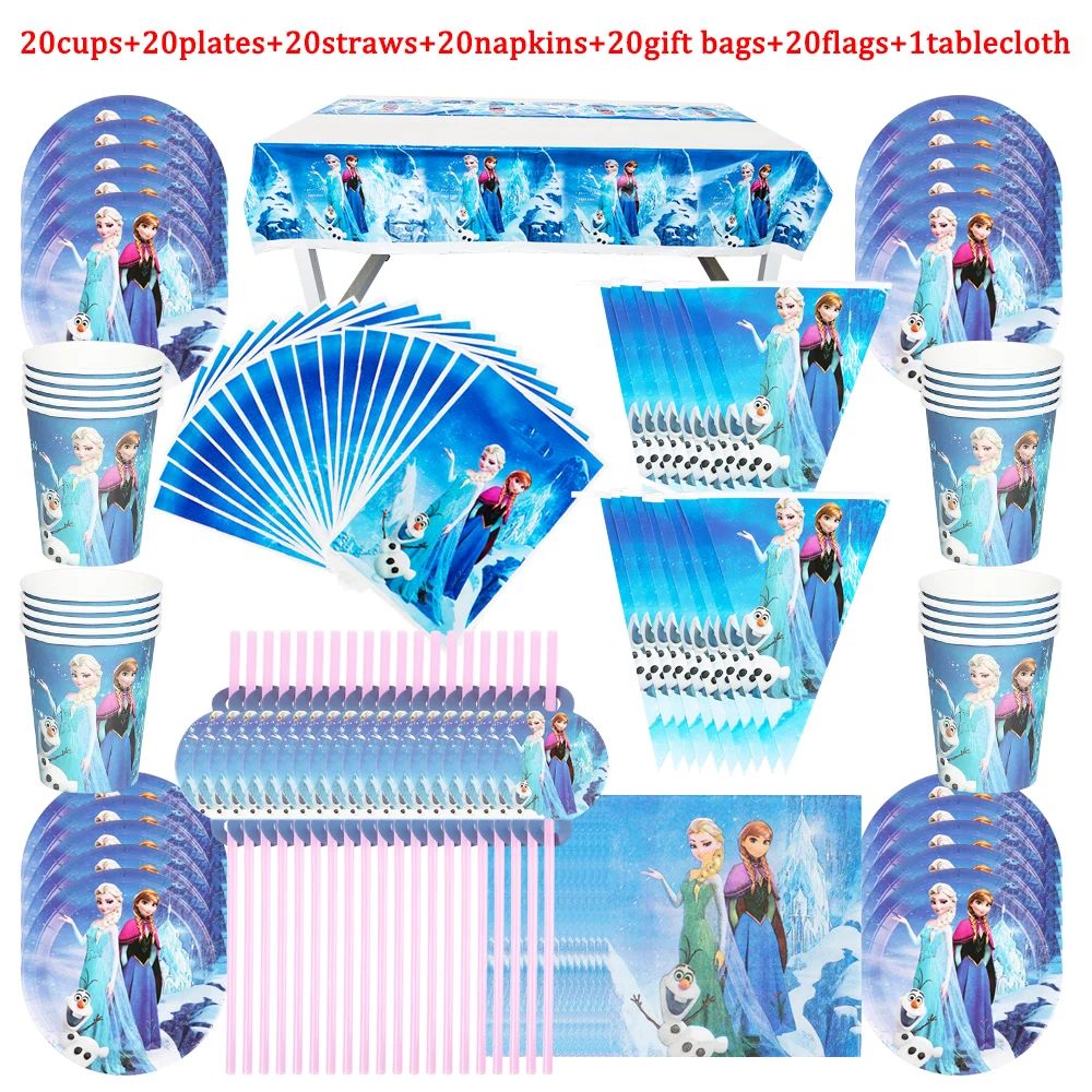 Disney Frozen Birthday Decoration Girls Disposable Tableware Plate Cup Flag Tablecloth Napkin 81/100/60/121Pcs Suit Baby Shower