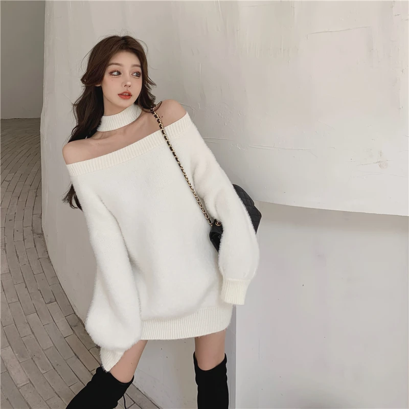 korean style Knitted Sweaters Women Loose soft warm Sweater and pullovers Female Jumpers off shoulder tops (R99455