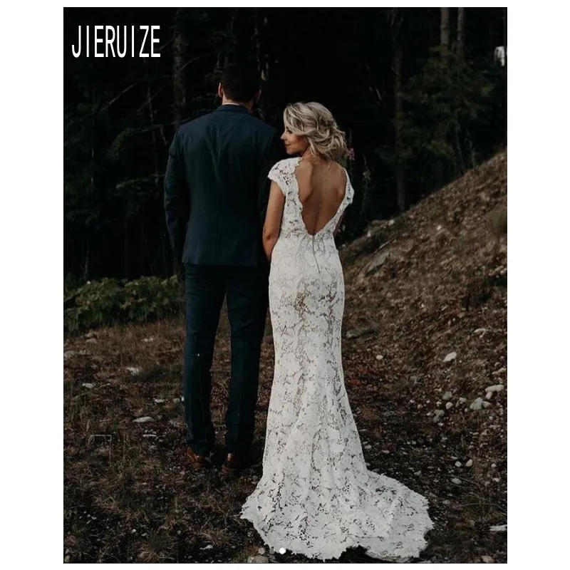 

JIERUIZE Sexy White Lace Sheath Wedding Dresses V Neck Cap Sleeves Backless vestidos de novia Mermaid Bride Dresses Bridal Gowns