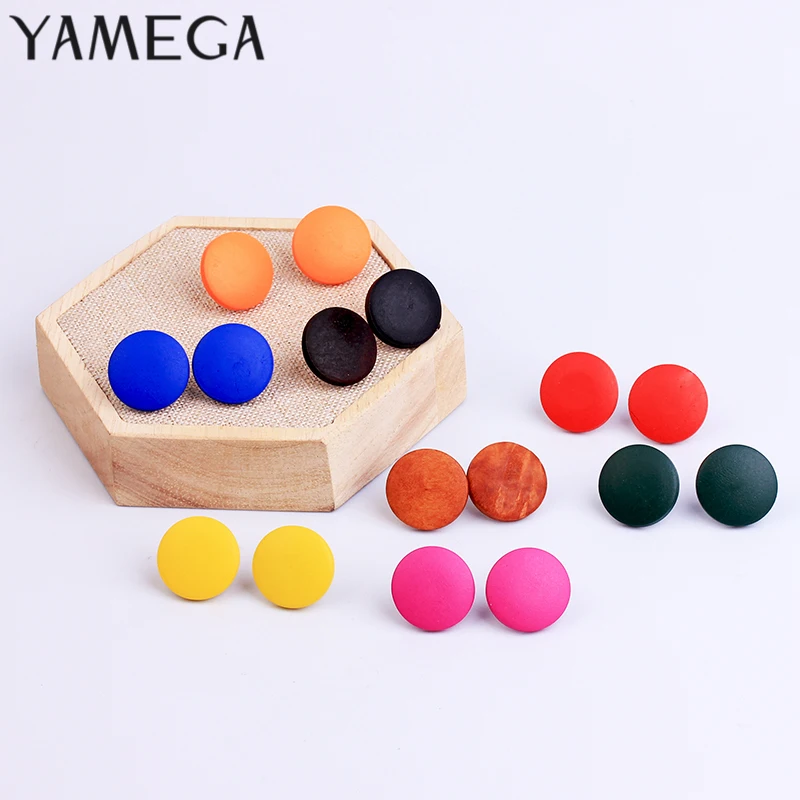 Korean Simple Design Log Wooden Earrings Red Brown Round  Alloy Button Wood Earrings Female Trendy Jewelry For Women Girls Gifts