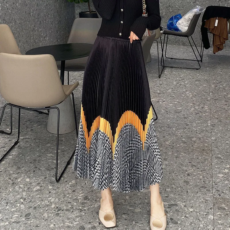 

Retro Plaid Black Pleated Skirt Women's Autumn Winter 2020 New Design Handmade Pleat High Waist Skirt