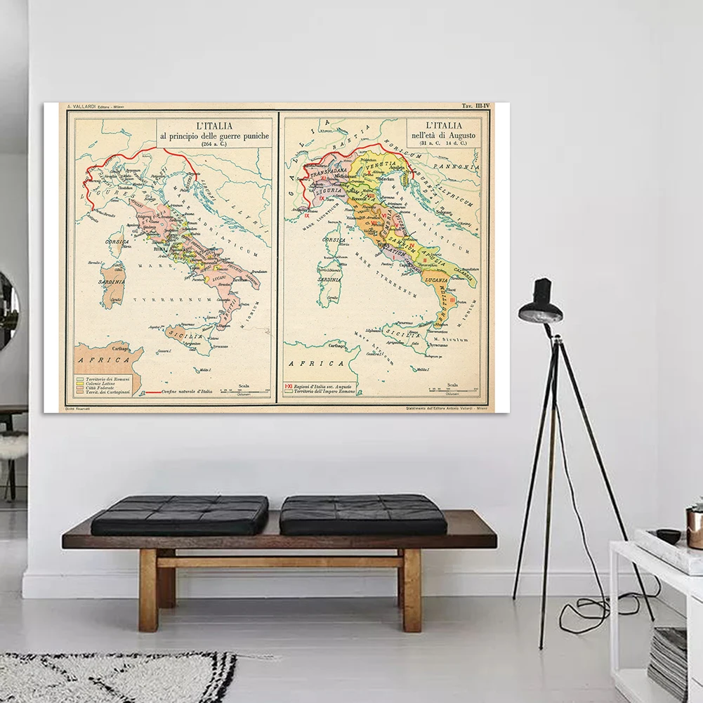 150*100 cm The Italy Retro Map Vinyl Canvas Painting Wall Art Poster Classroom Home Decoration School Supplies