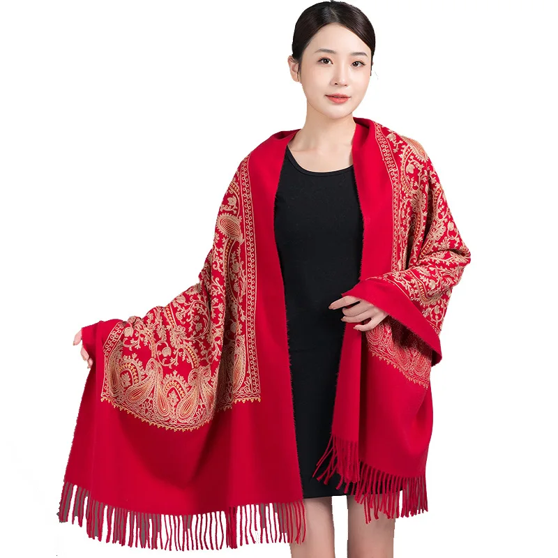 

New Arrived Shawl Women Embroider Flower With Tassel Shawl Scarf Cashmere Pashmina Scarves Travel Soft Warm Thick Blanket Wraps