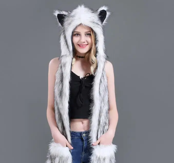 Women Fashion Wolf Ears Paws Faux Fur 3 in 1 women\'s  Hat Scarf Mittens Winter Warm Cap Wolf Hat