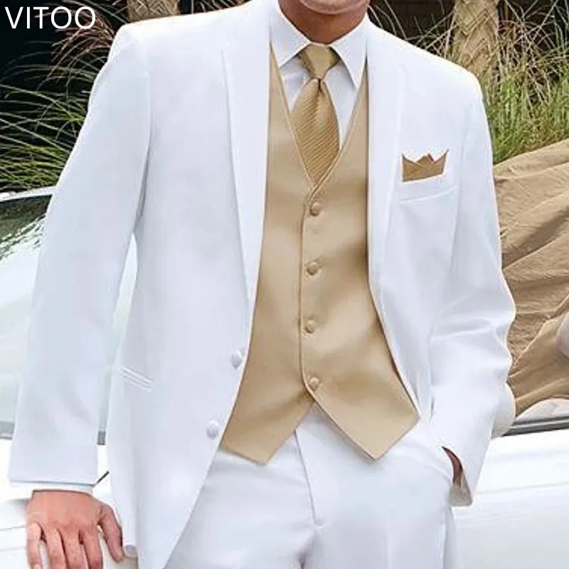 White Groom Tuxedo Wedding Custom Boyfriend Men's Suit Set 3 Piece Jacket Gold Vest With Pants Formal Occasion Fashion Clothing