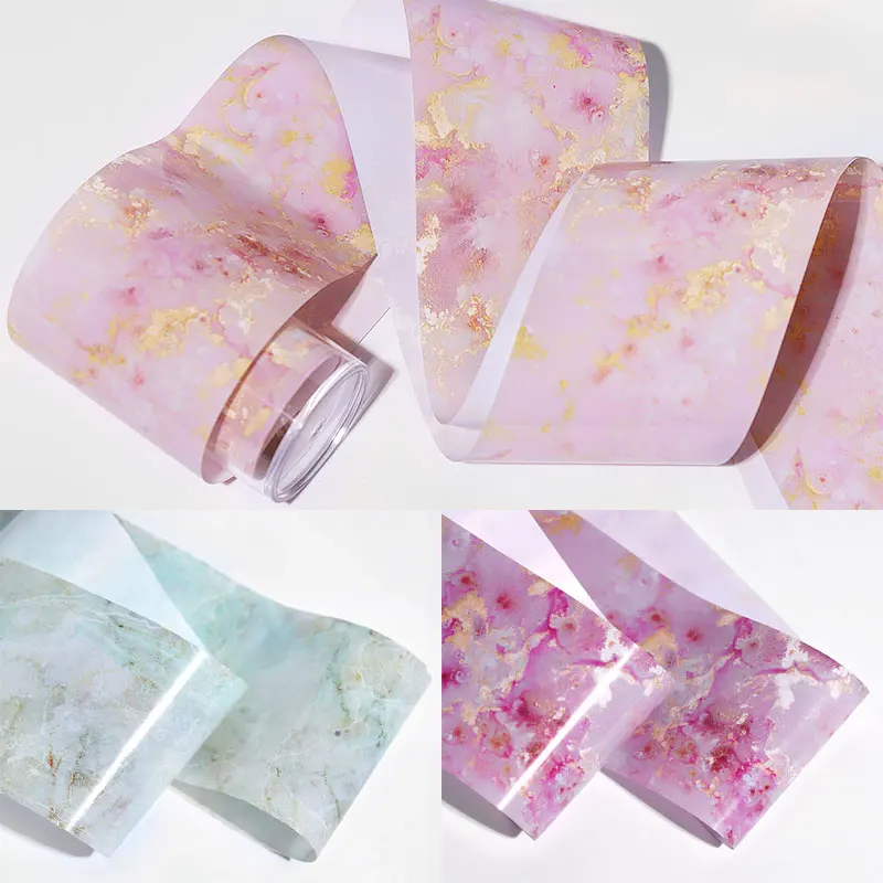 4*100cm Holographic Nail Foils Marble Series Blooming Pink Blue Paper Nail Art Transfer Sticker Slide Nail Art Decal Decorations