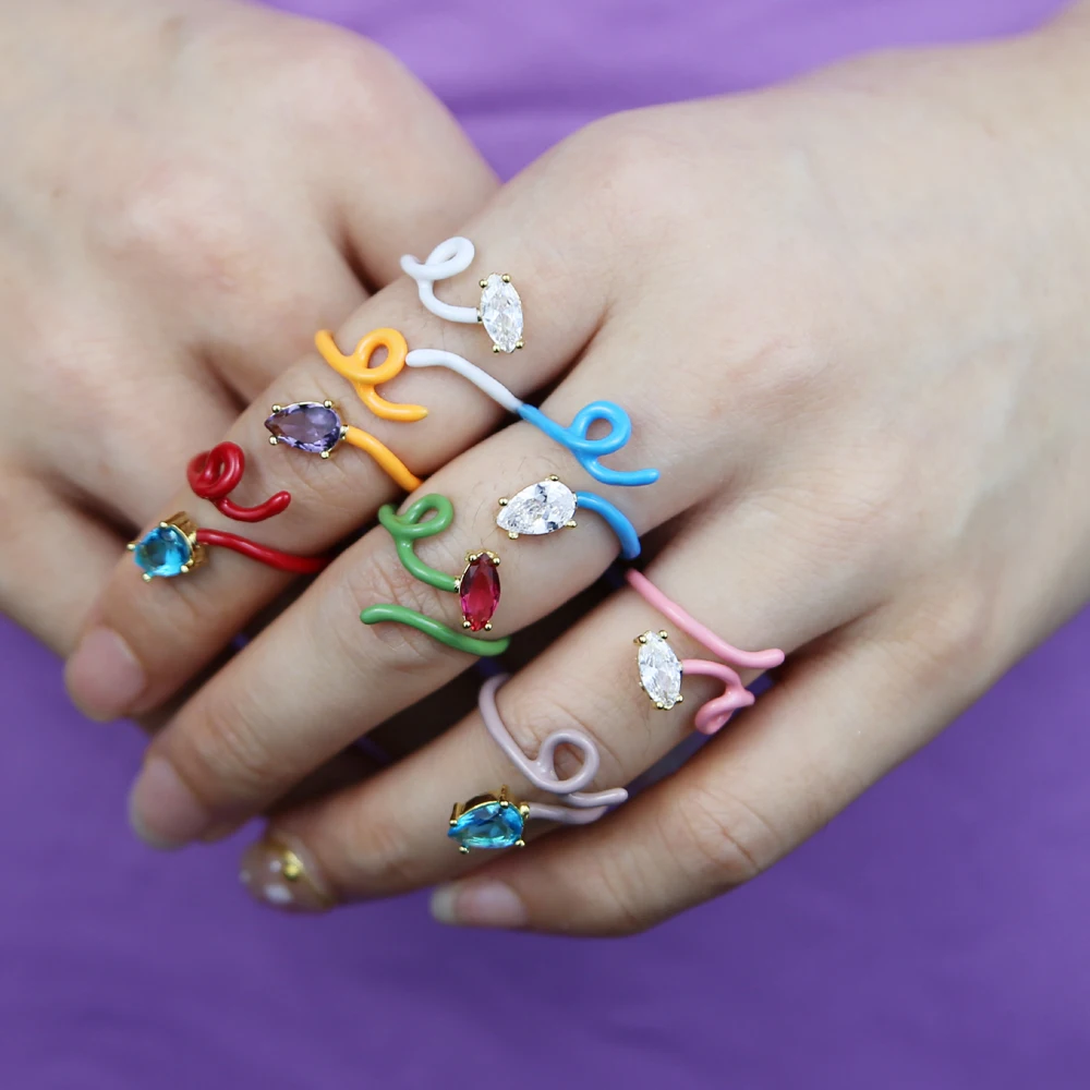 Single Stone Colorful Enamel Band The Wire Women Finger Ring Open Adjusted Size
