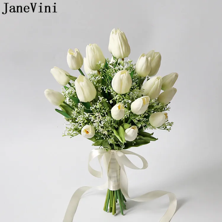 JaneVini Newest Design White Tulip Wedding Bouquet for Bride Artificial Flowers Real Touch Bridal Hand Bouquet Kwiaty Sztuczne