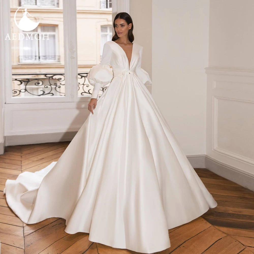 Aedmgh A-Line Elegant Satin Wedding Dresses V-Neck Long Lantern Sleeve Vestido De Novia Classic Custom Made Robe De Mariee