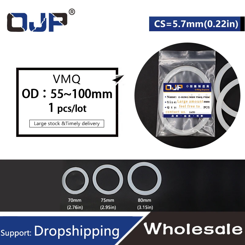 White Silicone/VMQ 5.7mm Thickness OD 55/60/65/70/75/80/85/90/95/100 mm Rubber O ring Seal Rings Oil Gasket Waterproof Washer