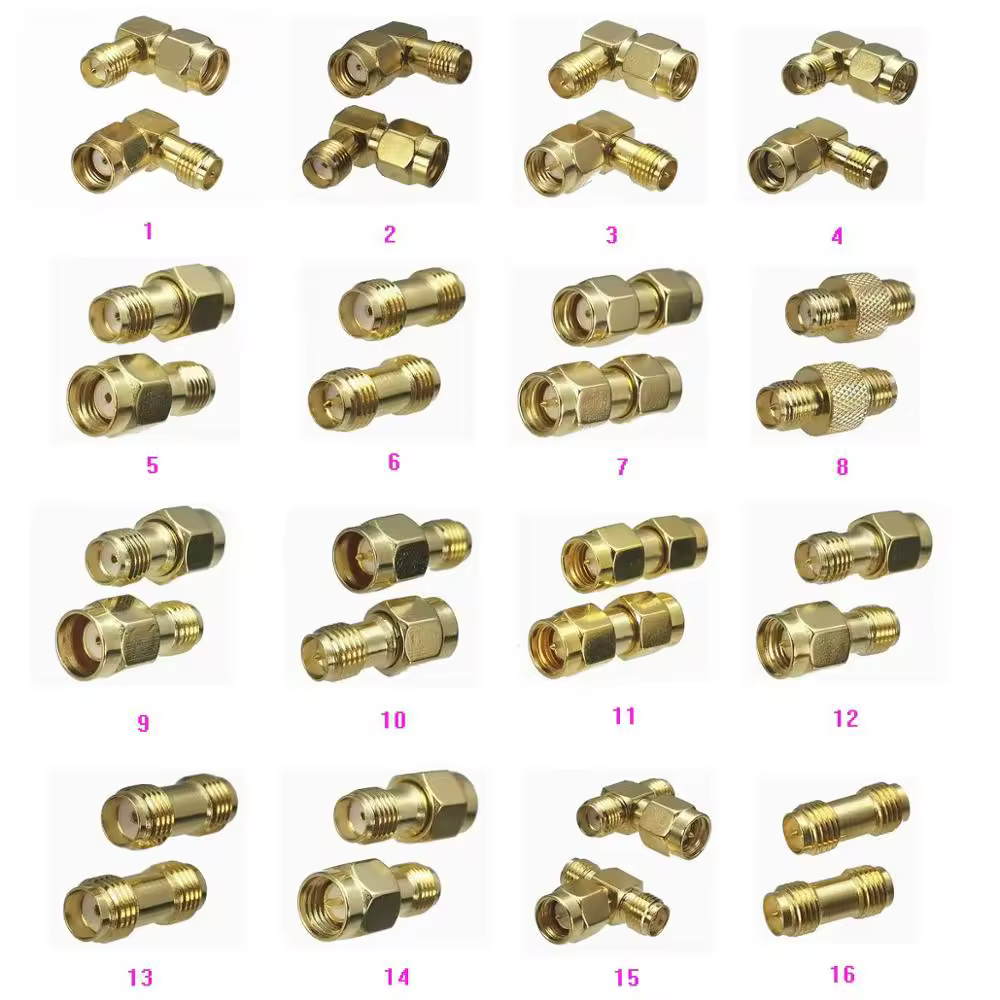 1 Uds adaptador de conector SMA RP-SMA a SMA RPSMA enchufe macho y conector hembra convertidor Coaxial RF de ĂĄngulo recto y recto nuevo latĂłn