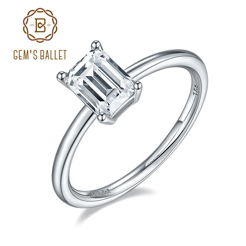 

GEM'S BALLET 925 Sterling Silver Rings 1.0Ct 5*7mm Emerald Cut Moissanite Solitaire Engagement Ring For Women Gift For Her