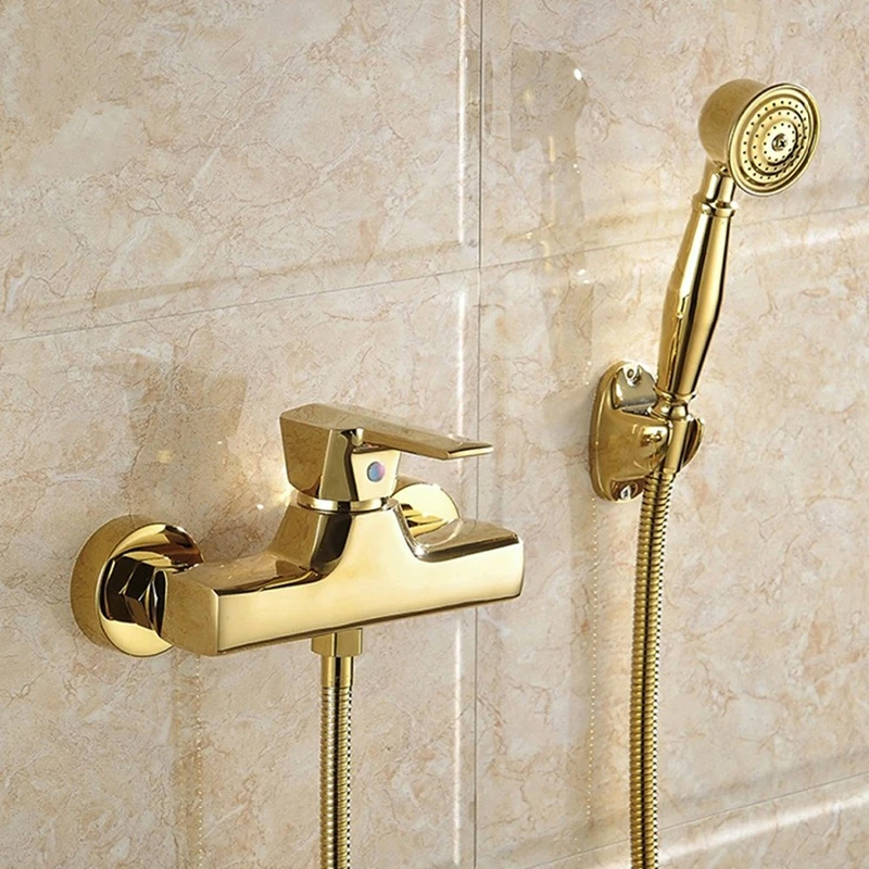 

Brass Golden Plated Bathtub Faucet With Hand Shower Concise Wall Mounted Bathroom Faucet Bath Tub Mixer Taps