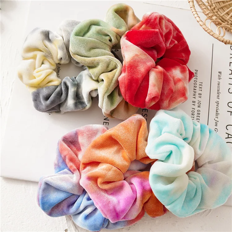 2024 New Colorful Scrunchy Pack Wholesale 6pcs/set Tie dye Designs Rainbow Hair Scrunchies Set Velvet vsco Girls Hair Rope