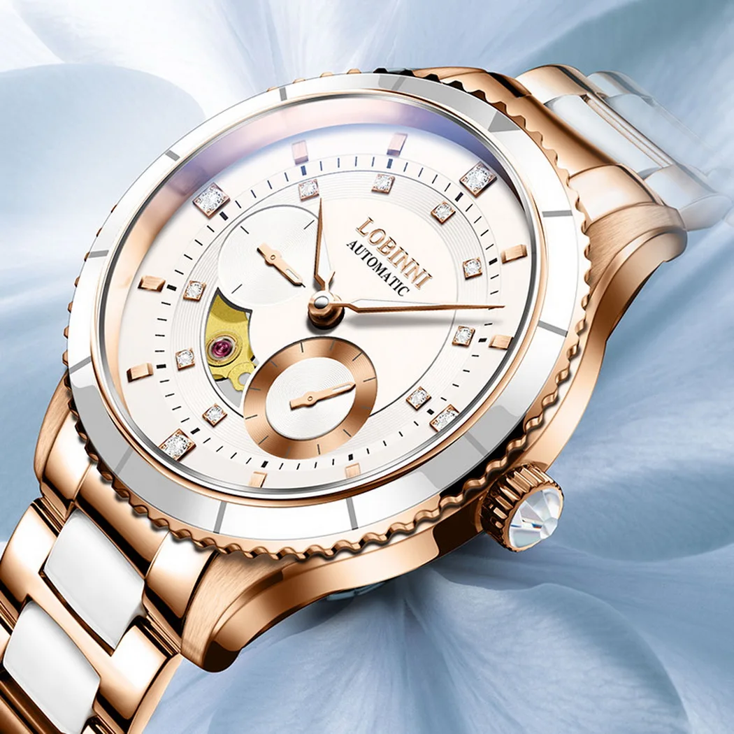 LOBINNI Women Automatic Watch 34MM Mechanical Wristwatch Waterproof Sapphire 24 Hours Small Second Dial Ceramic Strap